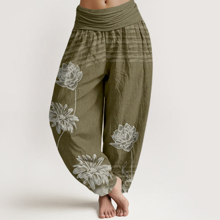 Buddha Stones Pantalon harem en coton taille haute pour femme, motif lotus - Olive - US16，UK/AU20，EU48 (3XL) - image 8
