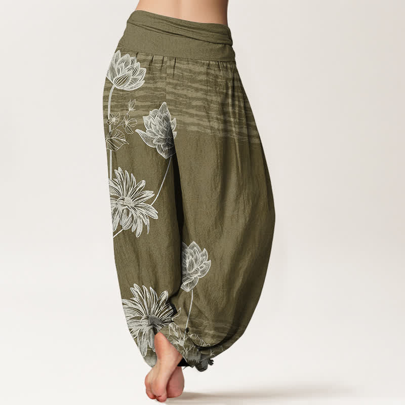 Buddha Stones Pantalon harem en coton taille haute pour femme, motif lotus - image 9