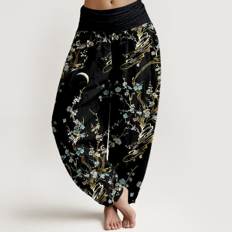 Buddha Stones Pantalon harem femme en pur coton à motif de branches de prunier et taille élastique - Noir - US16，UK/AU20，EU48 (3XL) - image 0
