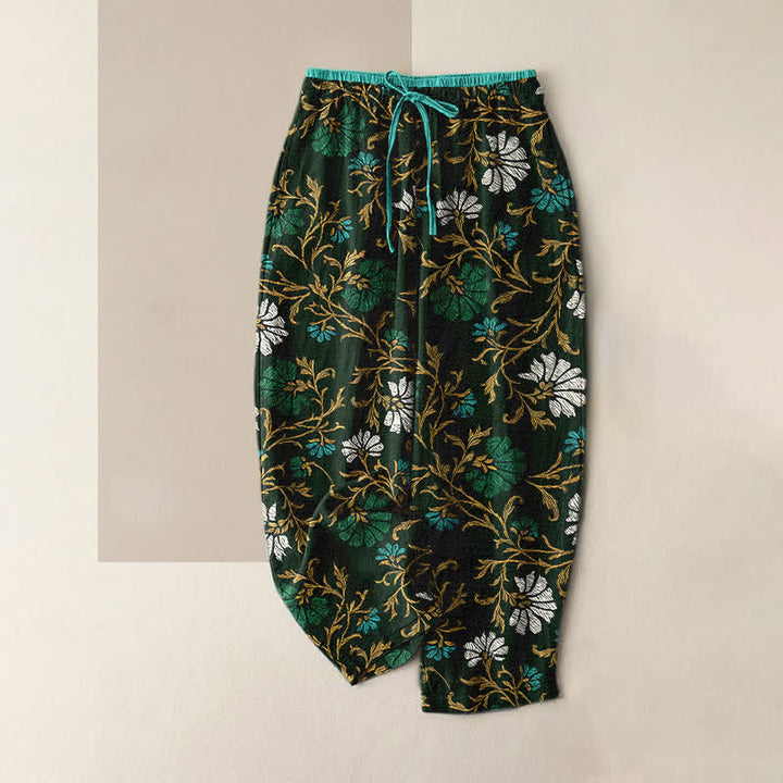 Buddha Stones Pantalon en coton pour femme avec taille élastique et cordon de serrage, orné de fleurs et de vigne, et doté de poches - Vert olive foncé - US16，UK/AU20，EU48 (3XL) - image 0