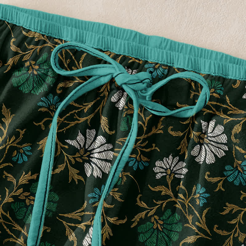 Buddha Stones Pantalon en coton pour femme avec taille élastique et cordon de serrage, orné de fleurs et de vigne, et doté de poches - image 1