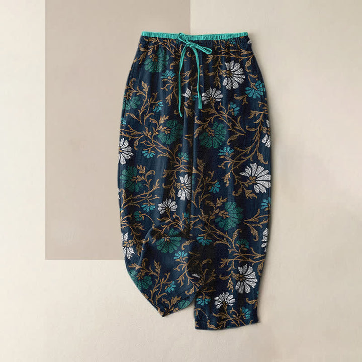 Buddha Stones Pantalon en coton pour femme avec taille élastique et cordon de serrage, orné de fleurs et de vigne, et doté de poches - Gris ardoise foncé - US16，UK/AU20，EU48 (3XL) - image 4