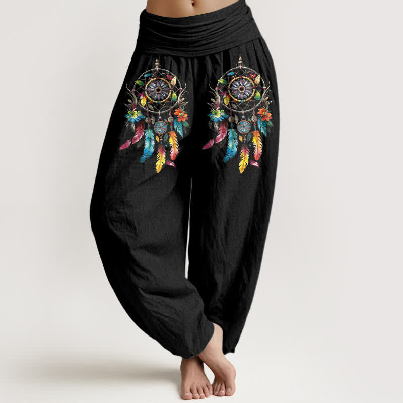 Buddha Stones Pantalon harem taille haute pour femme, en coton coloré à double motif attrape-rêves - Noir - US16，UK/AU20，EU48 (3XL) - image 0