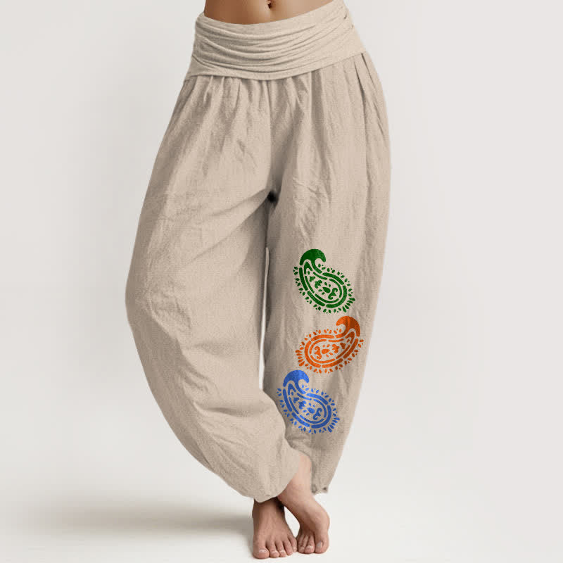 Buddha Stones Pantalon harem taille haute pour femme, en pur coton à motifs cachemire colorés - Tanné - US16，UK/AU20，EU48 (3XL) - image 0