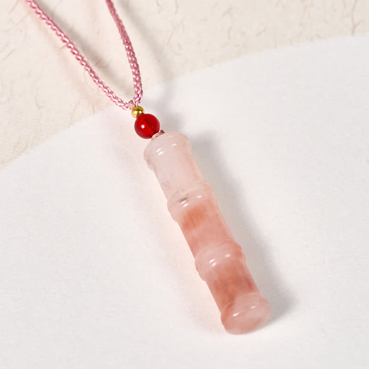 Buddha Stones Collier pendentif de protection en quartzite rose naturel et jade Craved Bamboo avec pendentif en bambou et pendentif de protection. - image 2