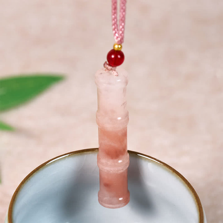 Buddha Stones Collier pendentif de protection en quartzite rose naturel et jade Craved Bamboo avec pendentif en bambou et pendentif de protection. - image 3
