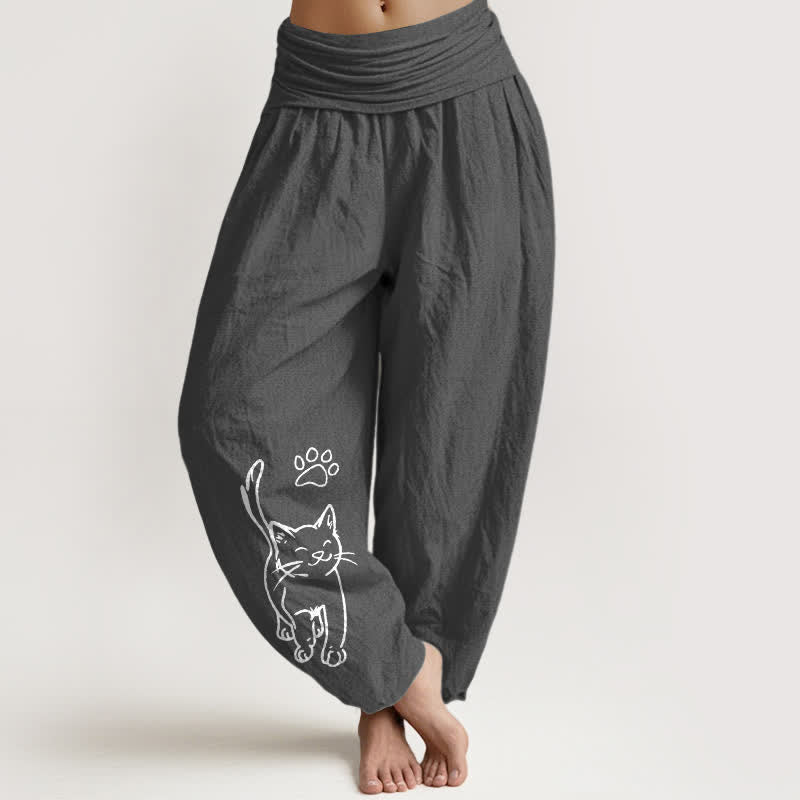 Buddha Stones Pantalon harem à taille élastique pour femme, imprimé chat mignon en pur coton - Gris sombre - US16，UK/AU20，EU48 (3XL) - image 0
