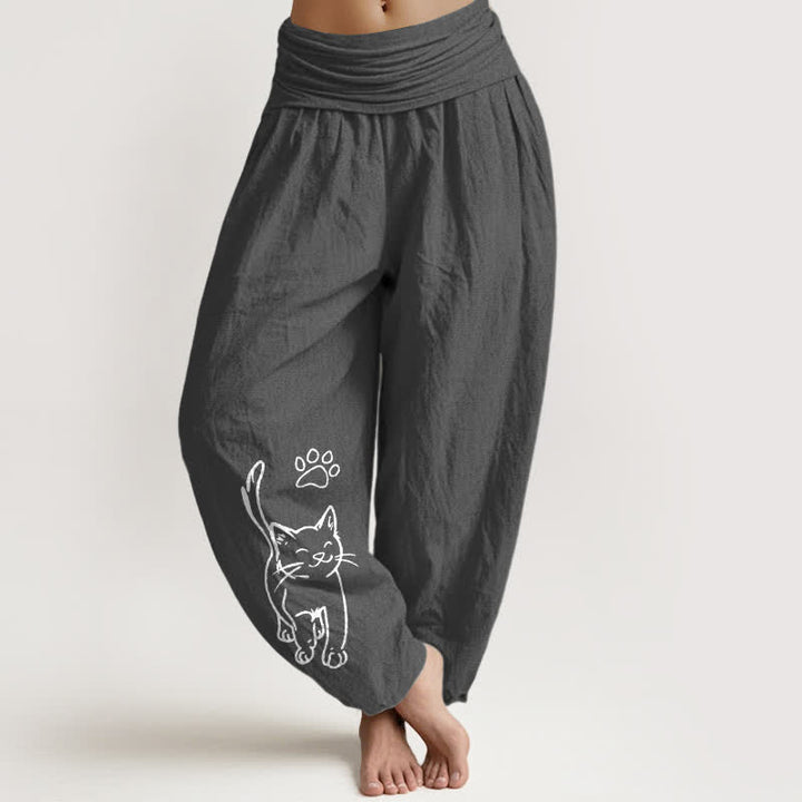 Buddha Stones Pantalon harem à taille élastique pour femme, imprimé chat mignon en pur coton - Gris sombre - US16，UK/AU20，EU48 (3XL) - image 0