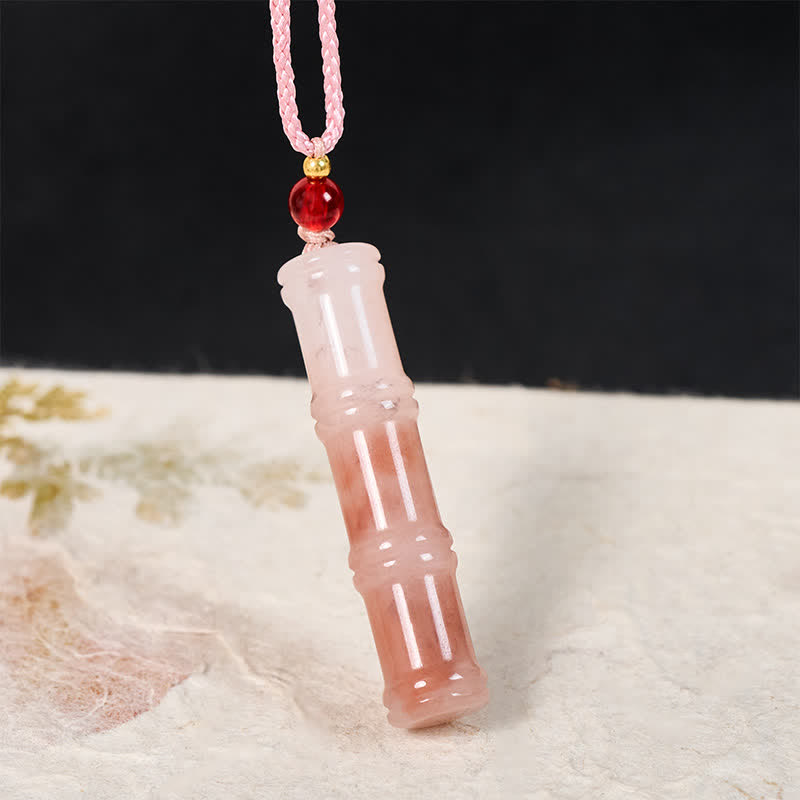 Buddha Stones Collier pendentif de protection en quartzite rose naturel et jade Craved Bamboo avec pendentif en bambou et pendentif de protection. - image 1