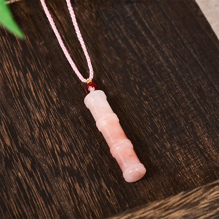 Buddha Stones Collier pendentif de protection en quartzite rose naturel et jade Craved Bamboo avec pendentif en bambou et pendentif de protection. - image 4