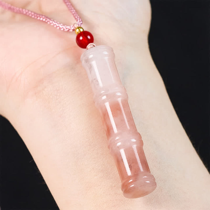 Buddha Stones Collier pendentif de protection en quartzite rose naturel et jade Craved Bamboo avec pendentif en bambou et pendentif de protection. - image 6