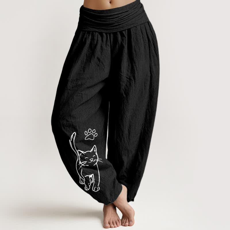 Buddha Stones Pantalon harem à taille élastique pour femme, imprimé chat mignon en pur coton - Noir - US16，UK/AU20，EU48 (3XL) - image 5