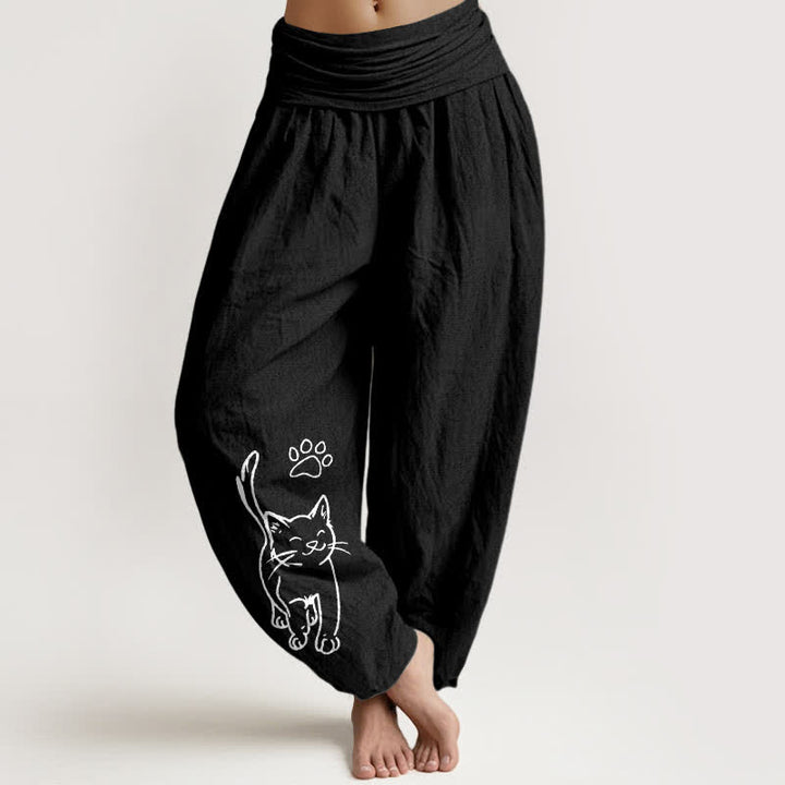 Buddha Stones Pantalon harem à taille élastique pour femme, imprimé chat mignon en pur coton - Noir - US16，UK/AU20，EU48 (3XL) - image 5
