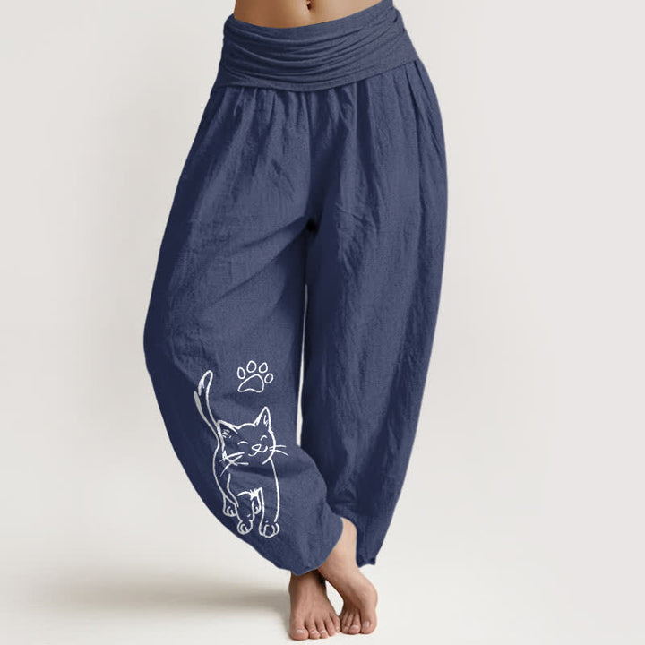 Buddha Stones Pantalon harem à taille élastique pour femme, imprimé chat mignon en pur coton - Bleu ardoise foncé - US16，UK/AU20，EU48 (3XL) - image 8