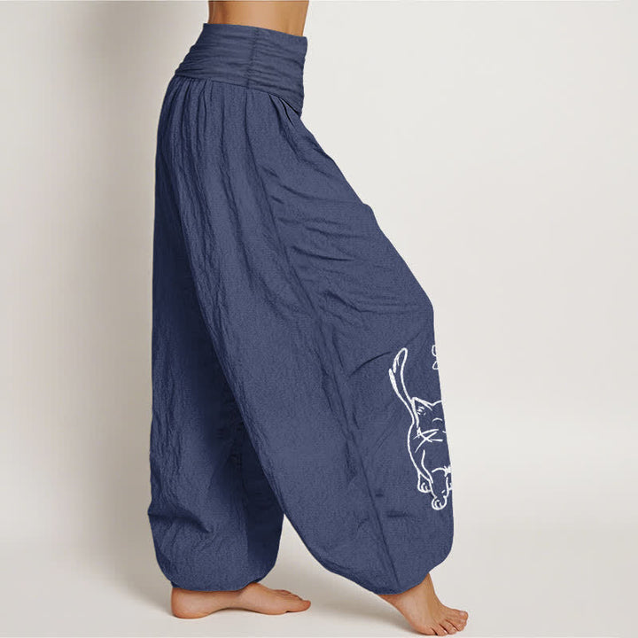 Buddha Stones Pantalon harem à taille élastique pour femme, imprimé chat mignon en pur coton - image 10