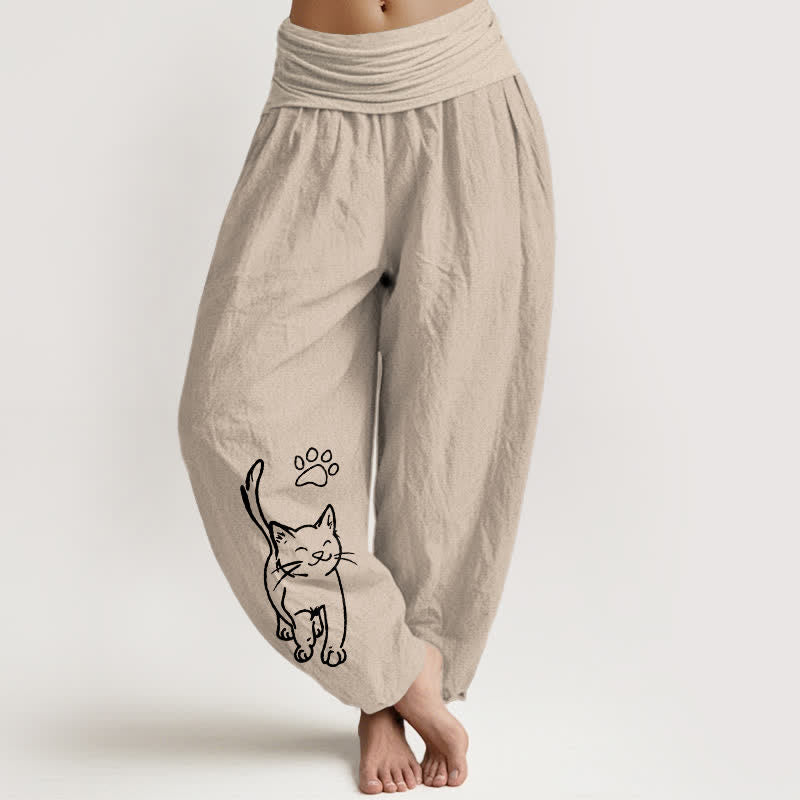Buddha Stones Pantalon harem à taille élastique pour femme, imprimé chat mignon en pur coton - Tanné - US16，UK/AU20，EU48 (3XL) - image 11