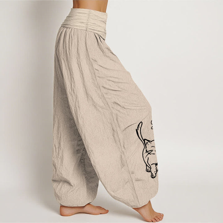 Buddha Stones Pantalon harem à taille élastique pour femme, imprimé chat mignon en pur coton - image 13