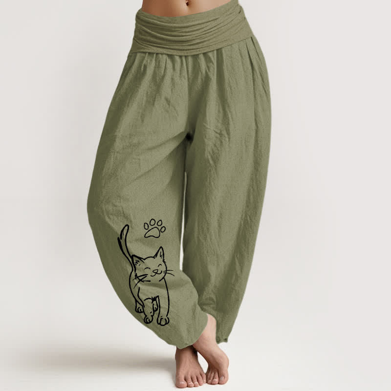 Buddha Stones Pantalon harem à taille élastique pour femme, imprimé chat mignon en pur coton - Vert olive - US16，UK/AU20，EU48 (3XL) - image 14