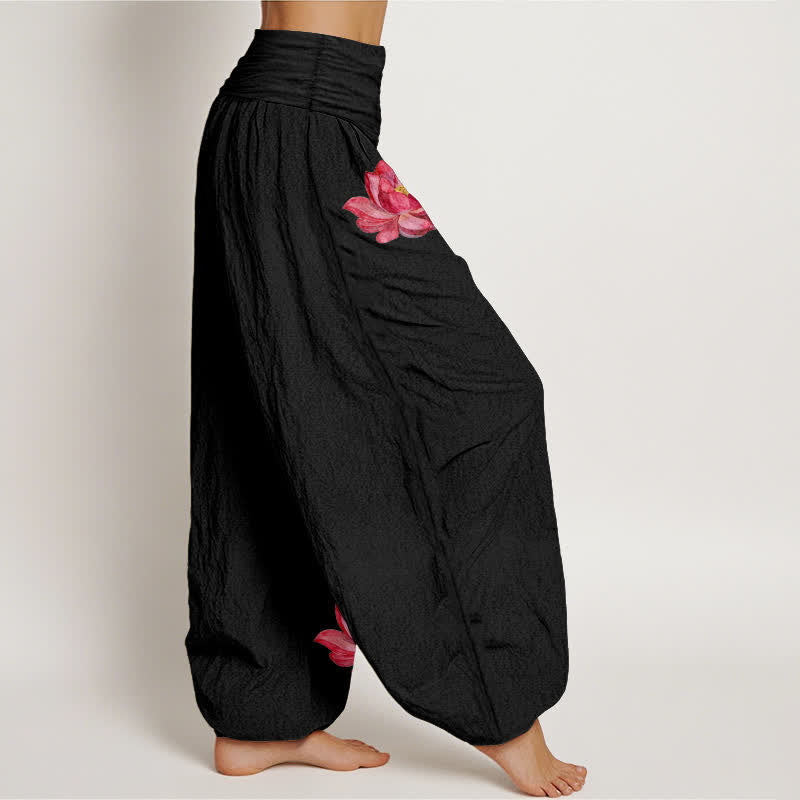 Buddha Stones Pantalon harem en pur coton à imprimé lotus rose et taille haute élastique pour femme - image 2