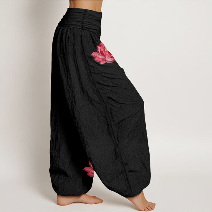 Buddha Stones Pantalon harem en pur coton à imprimé lotus rose et taille haute élastique pour femme - image 2