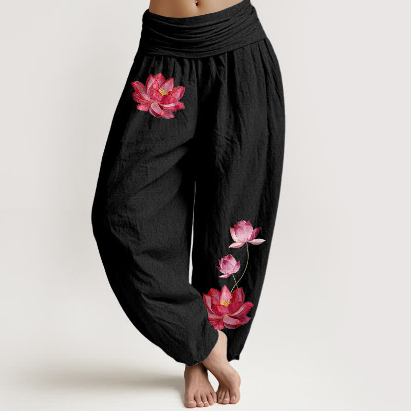 Buddha Stones Pantalon harem en pur coton à imprimé lotus rose et taille haute élastique pour femme - Noir - US16，UK/AU20，EU48 (3XL) - image 0