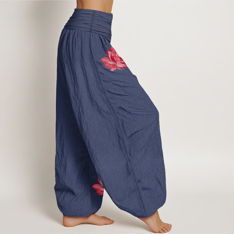 Buddha Stones Pantalon harem en pur coton à imprimé lotus rose et taille haute élastique pour femme - image 7