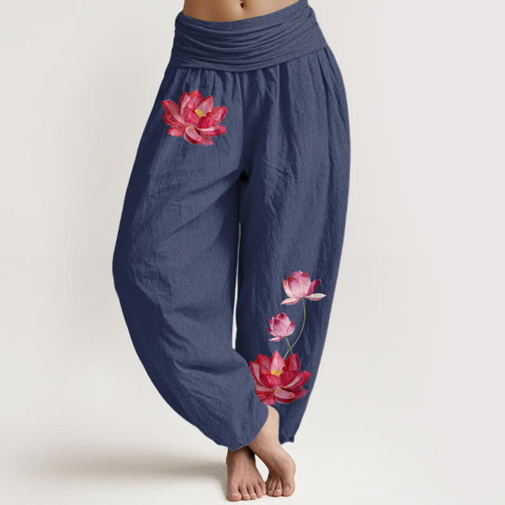 Buddha Stones Pantalon harem en pur coton à imprimé lotus rose et taille haute élastique pour femme - Bleu ardoise foncé - US16，UK/AU20，EU48 (3XL) - image 5