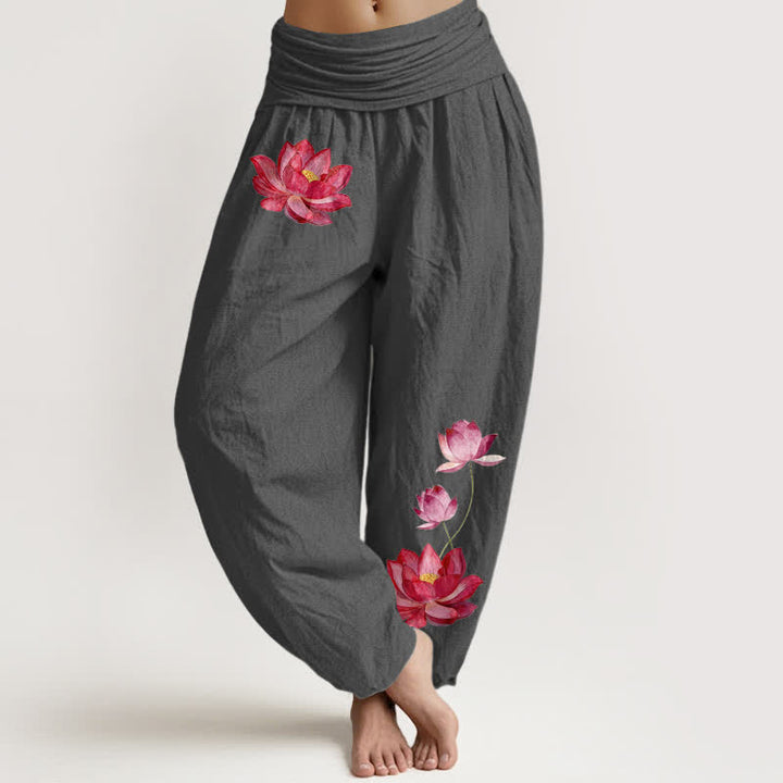 Buddha Stones Pantalon harem en pur coton à imprimé lotus rose et taille haute élastique pour femme - Gris sombre - US16，UK/AU20，EU48 (3XL) - image 8