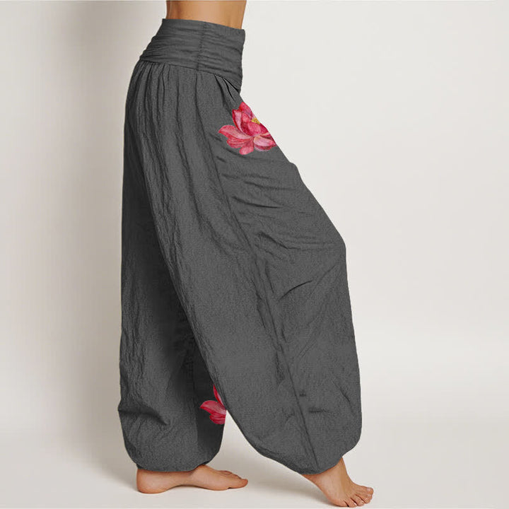 Buddha Stones Pantalon harem en pur coton à imprimé lotus rose et taille haute élastique pour femme - image 10