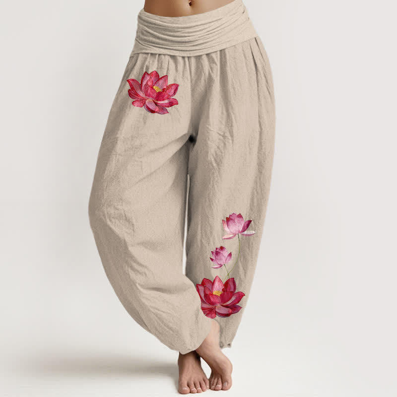 Buddha Stones Pantalon harem en pur coton à imprimé lotus rose et taille haute élastique pour femme - Tanné - US16，UK/AU20，EU48 (3XL) - image 11