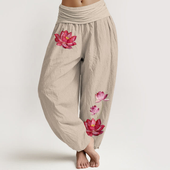 Buddha Stones Pantalon harem en pur coton à imprimé lotus rose et taille haute élastique pour femme - Tanné - US16，UK/AU20，EU48 (3XL) - image 11