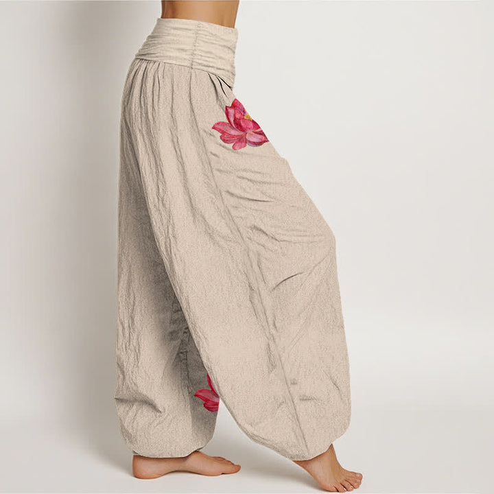 Buddha Stones Pantalon harem en pur coton à imprimé lotus rose et taille haute élastique pour femme - image 13