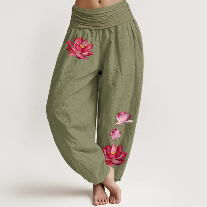 Buddha Stones Pantalon harem en pur coton à imprimé lotus rose et taille haute élastique pour femme - Vert olive - US16，UK/AU20，EU48 (3XL) - image 14