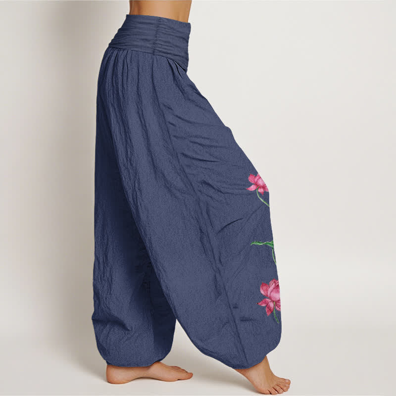 Buddha Stones Pantalon harem pour femme en pur coton à motif de fleurs et feuilles de lotus et taille élastique - image 2