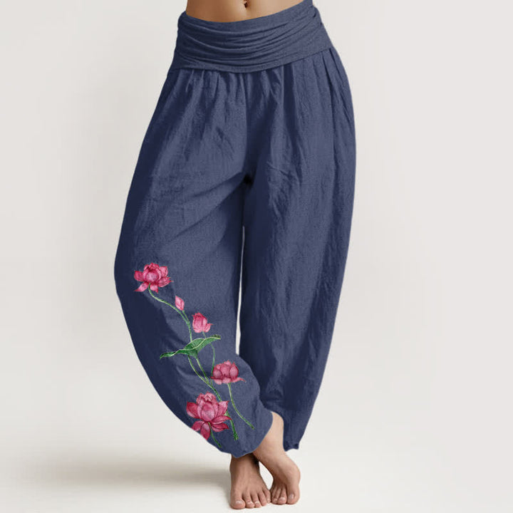 Buddha Stones Pantalon harem pour femme en pur coton à motif de fleurs et feuilles de lotus et taille élastique - Bleu ardoise foncé - US16，UK/AU20，EU48 (3XL) - image 0