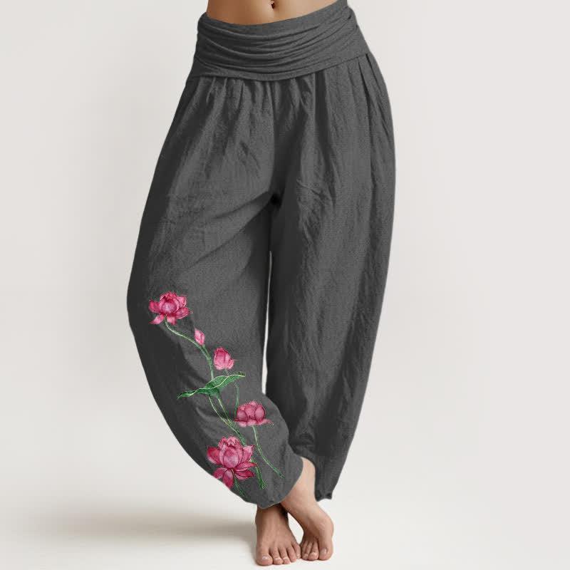 Buddha Stones Pantalon harem pour femme en pur coton à motif de fleurs et feuilles de lotus et taille élastique - Gris sombre - US16，UK/AU20，EU48 (3XL) - image 8