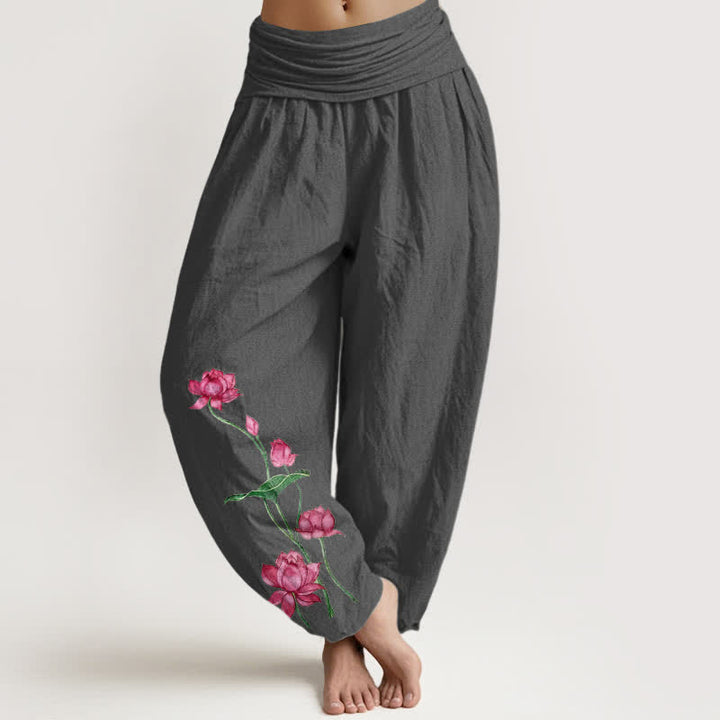 Buddha Stones Pantalon harem pour femme en pur coton à motif de fleurs et feuilles de lotus et taille élastique - Gris sombre - US16，UK/AU20，EU48 (3XL) - image 8