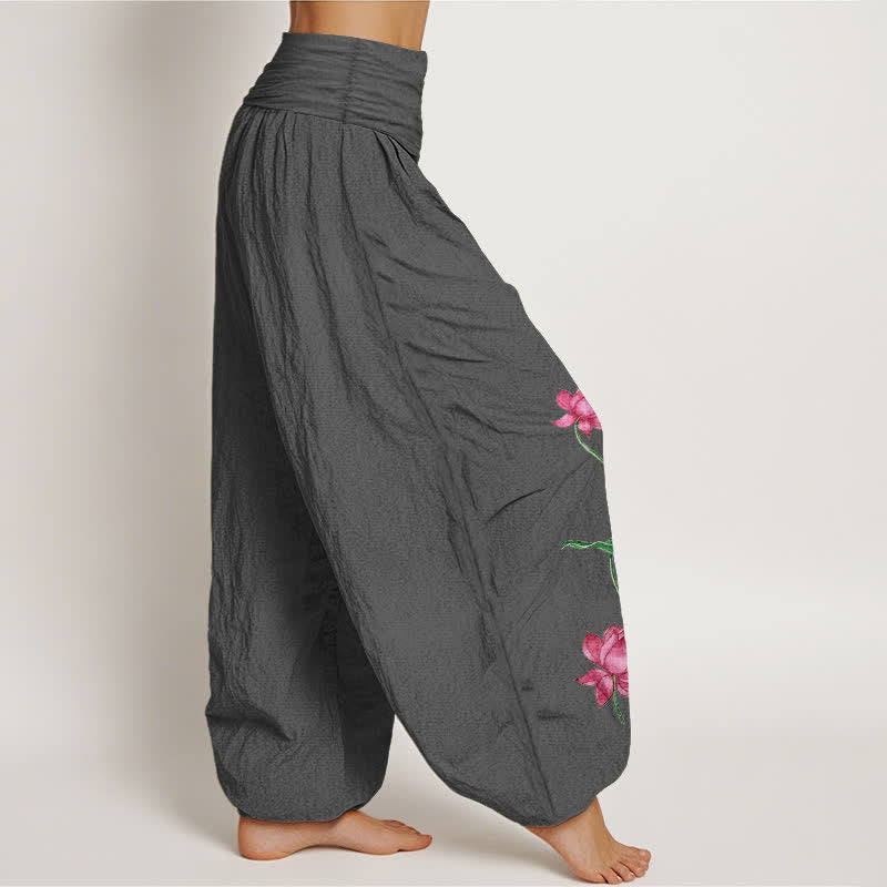 Buddha Stones Pantalon harem pour femme en pur coton à motif de fleurs et feuilles de lotus et taille élastique - image 10
