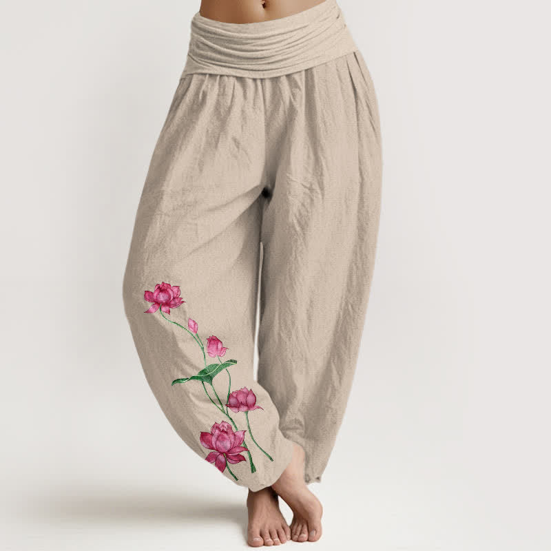 Buddha Stones Pantalon harem pour femme en pur coton à motif de fleurs et feuilles de lotus et taille élastique - Tanné - US16，UK/AU20，EU48 (3XL) - image 11
