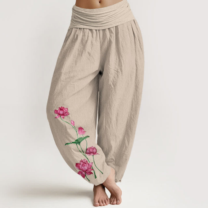 Buddha Stones Pantalon harem pour femme en pur coton à motif de fleurs et feuilles de lotus et taille élastique - Tanné - US16，UK/AU20，EU48 (3XL) - image 11