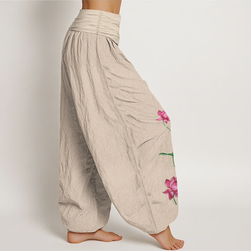 Buddha Stones Pantalon harem pour femme en pur coton à motif de fleurs et feuilles de lotus et taille élastique - image 13