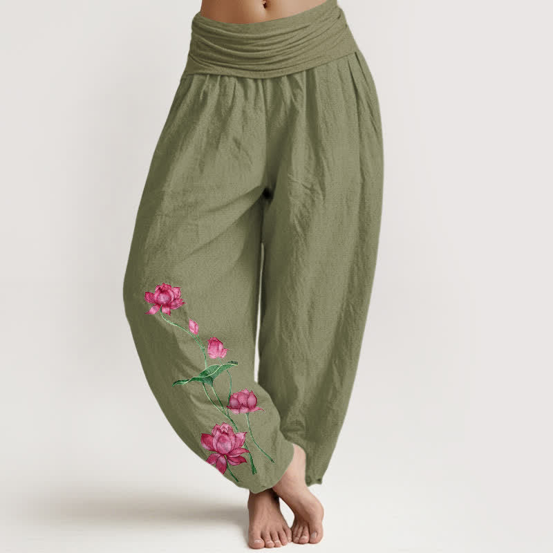 Buddha Stones Pantalon harem pour femme en pur coton à motif de fleurs et feuilles de lotus et taille élastique - Vert olive - US16，UK/AU20，EU48 (3XL) - image 14
