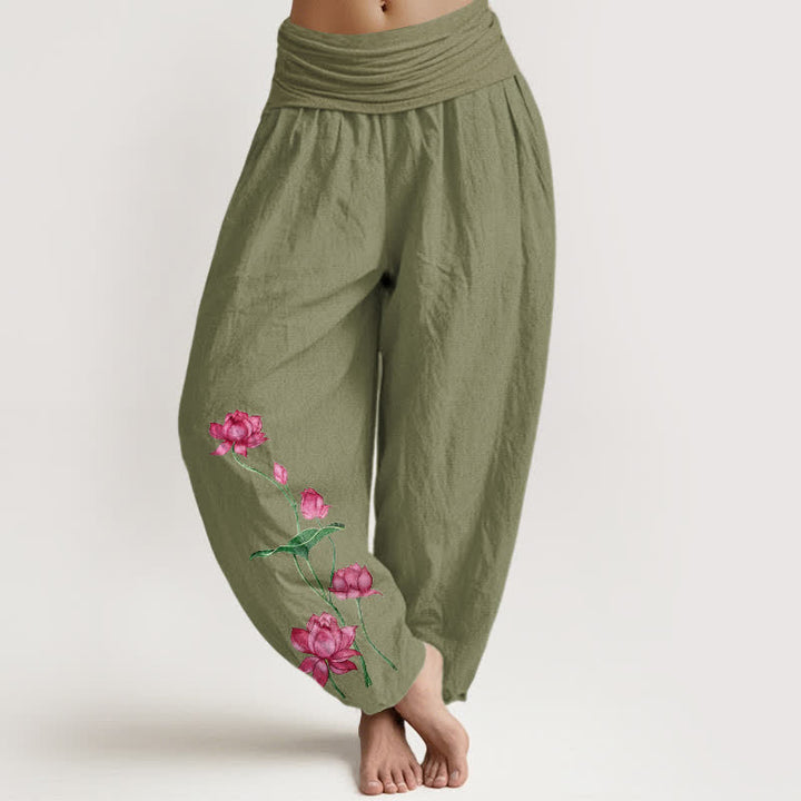 Buddha Stones Pantalon harem pour femme en pur coton à motif de fleurs et feuilles de lotus et taille élastique - Vert olive - US16，UK/AU20，EU48 (3XL) - image 14