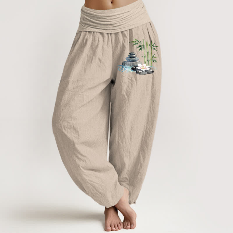Buddha Stones Pantalon harem taille haute pour femme, en pur coton, bambou et pierres à fleurs - Tanné - US16，UK/AU20，EU48 (3XL) - image 0