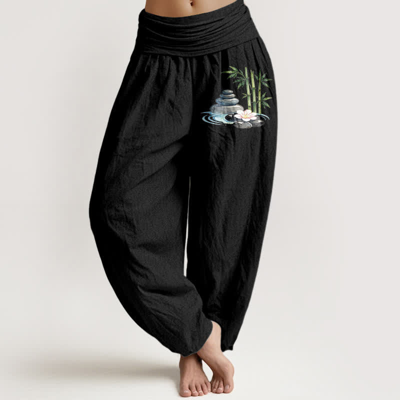 Buddha Stones Pantalon harem taille haute pour femme, en pur coton, bambou et pierres à fleurs - Noir - US16，UK/AU20，EU48 (3XL) - image 5