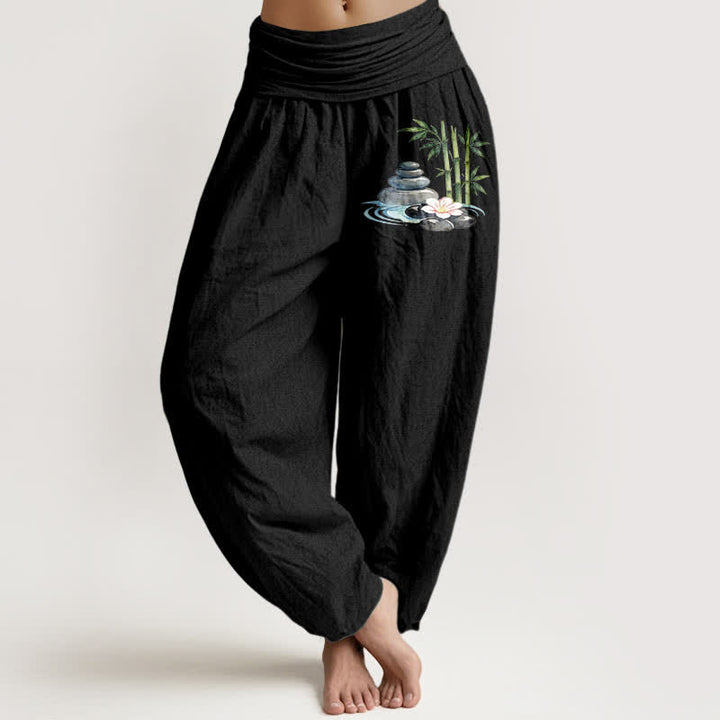 Buddha Stones Pantalon harem taille haute pour femme, en pur coton, bambou et pierres à fleurs - Noir - US16，UK/AU20，EU48 (3XL) - image 5
