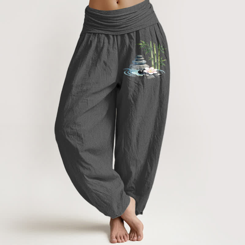 Buddha Stones Pantalon harem taille haute pour femme, en pur coton, bambou et pierres à fleurs - Gris sombre - US16，UK/AU20，EU48 (3XL) - image 11