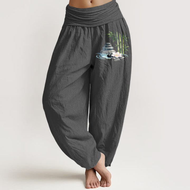 Buddha Stones Pantalon harem taille haute pour femme, en pur coton, bambou et pierres à fleurs - Gris sombre - US16，UK/AU20，EU48 (3XL) - image 11