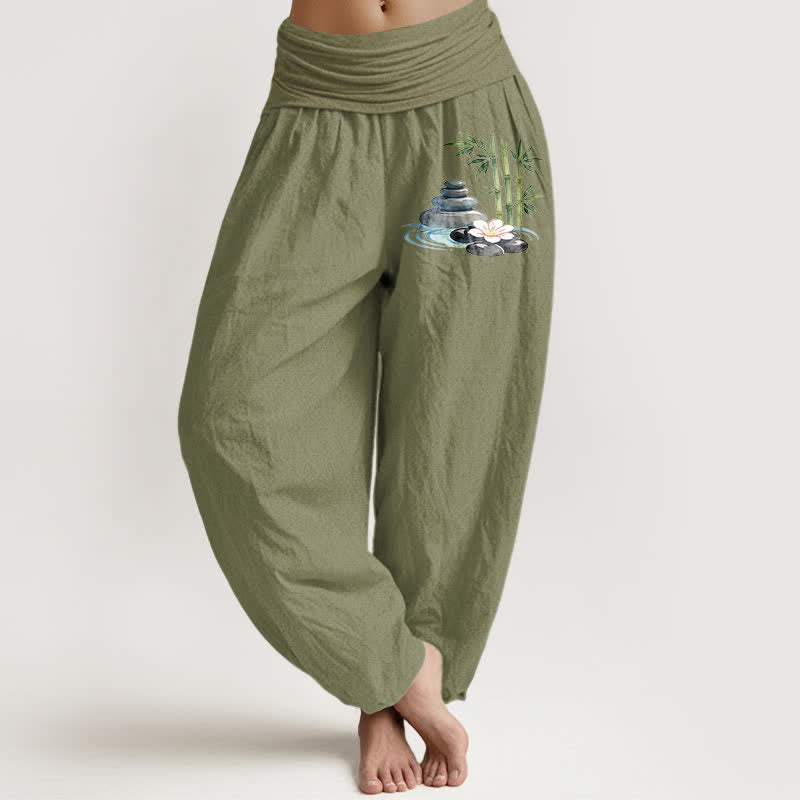 Buddha Stones Pantalon harem taille haute pour femme, en pur coton, bambou et pierres à fleurs - Vert olive - US16，UK/AU20，EU48 (3XL) - image 14