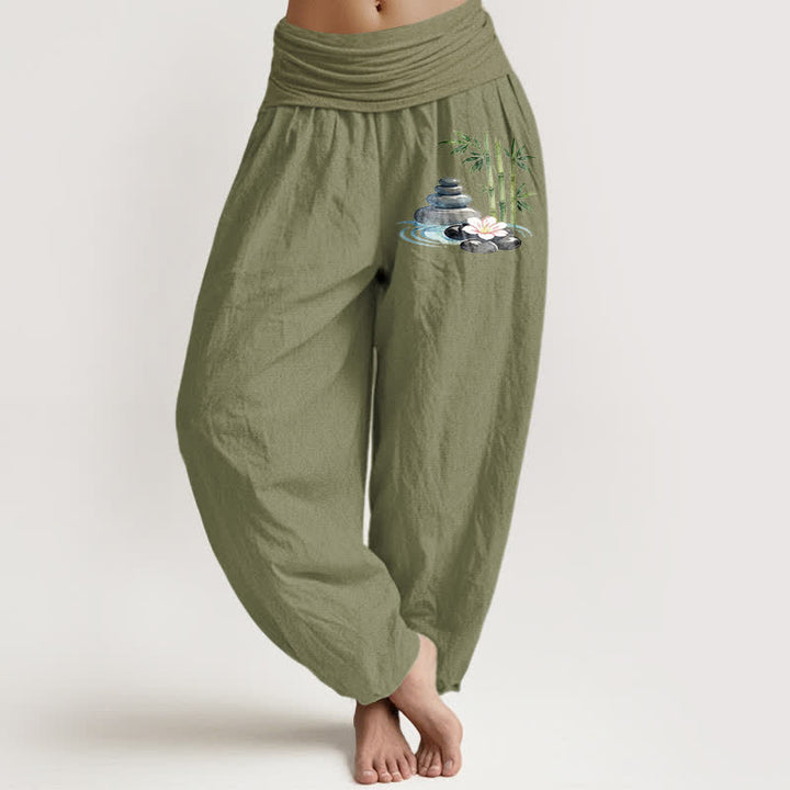 Buddha Stones Pantalon harem taille haute pour femme, en pur coton, bambou et pierres à fleurs - Vert olive - US16，UK/AU20，EU48 (3XL) - image 14
